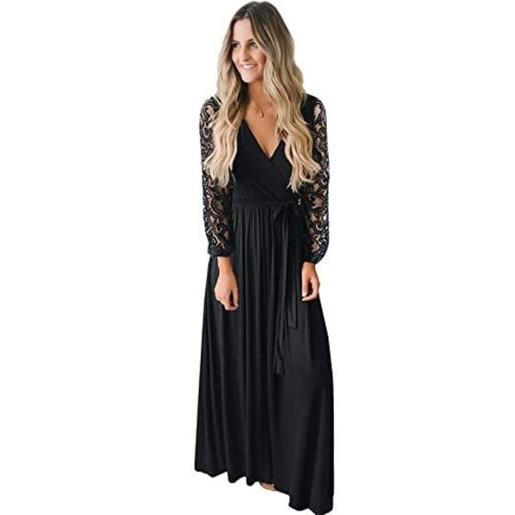 Kranda Dresses & Skirts - Kranda Women's Casual Floral Lace Long Sleeve Faux Wrap V Neck Dress Black M,
